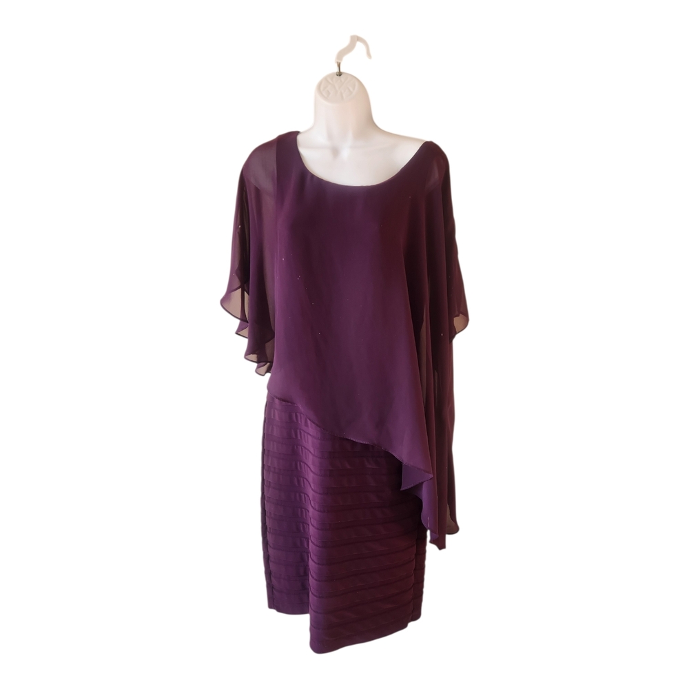 Adrianna Papell Tiered Dress Asymmetrical Cape Deep Purple Size 10 Evening